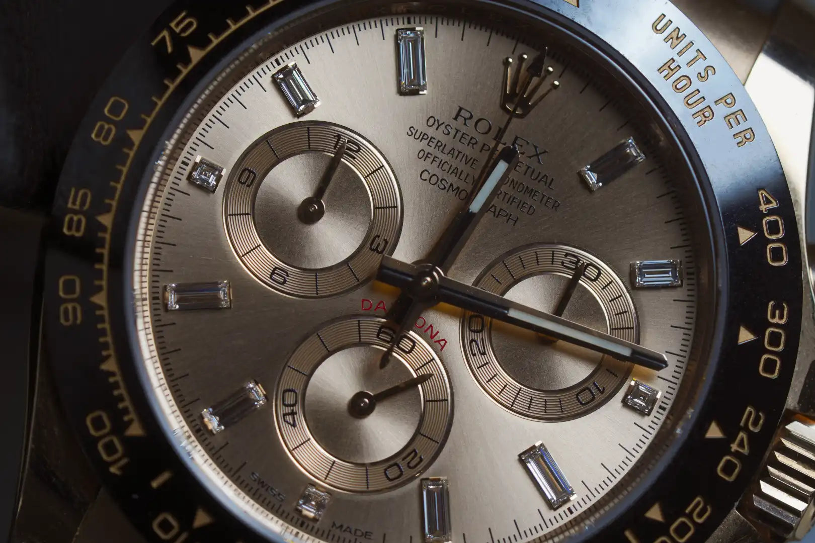 Close-up of a Rolex watch face with detailed design